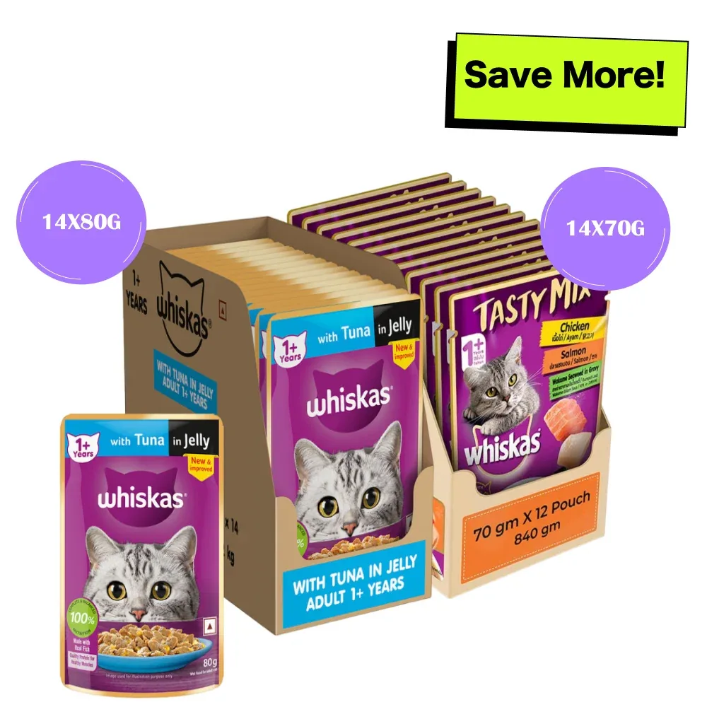 Whiskas Tuna in Jelly Meal and Chicken With Salmon Wakame Seaweed in Gravy Tasty Mix Adult Cat Wet Food Combo