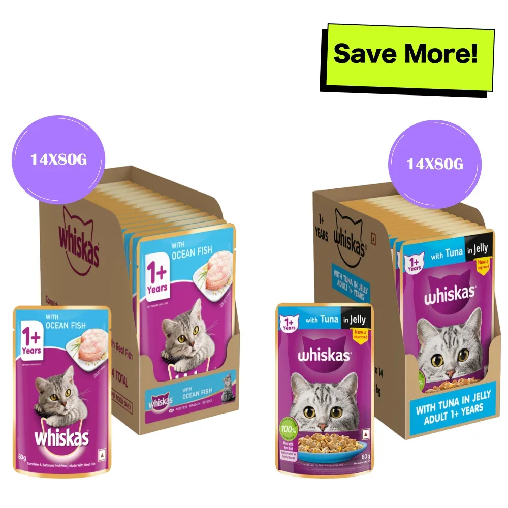 Whiskas Tuna in Jelly Meal and Ocean Fish Adult Cat Wet Food Combo