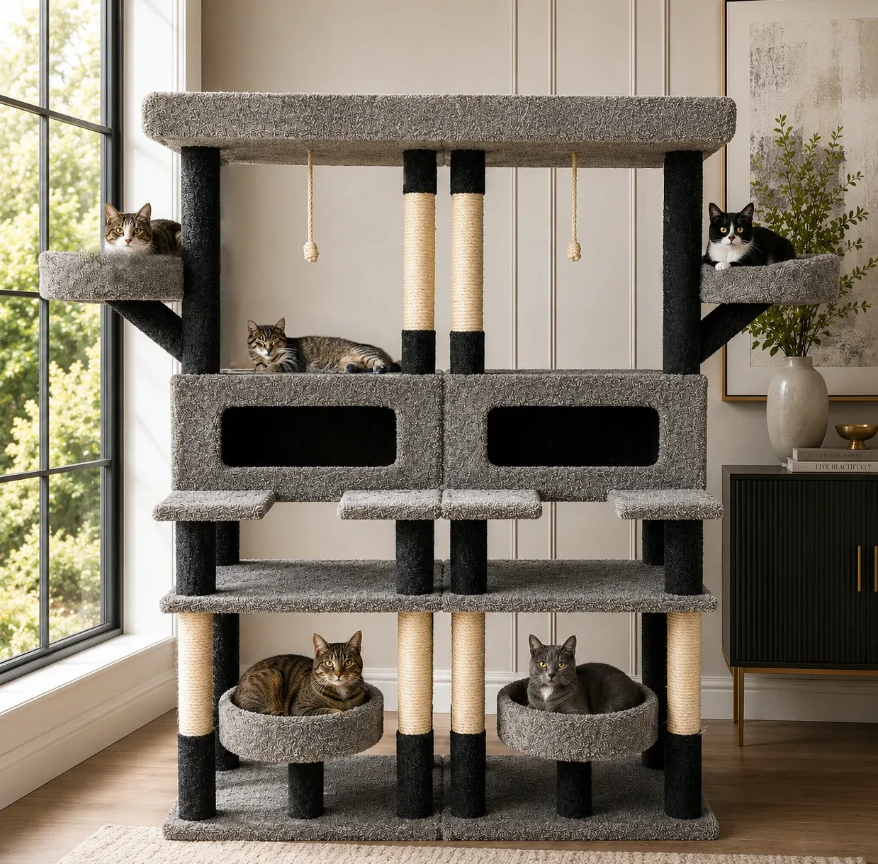 XXL Cat Condo Tower for Multi-Cat Homes with Dual Enclosed Houses