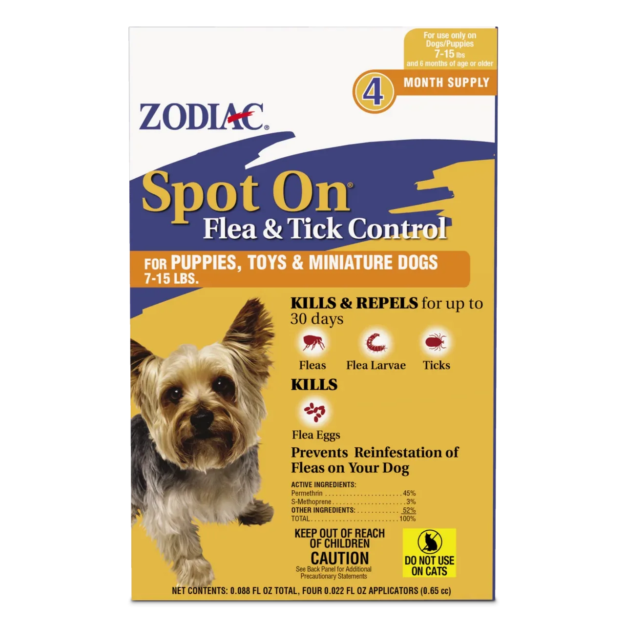 Zodiac Spot On Flea & Tick Control Puppies, Toys and Miniature Dogs 7-15 lbs 4 Pack